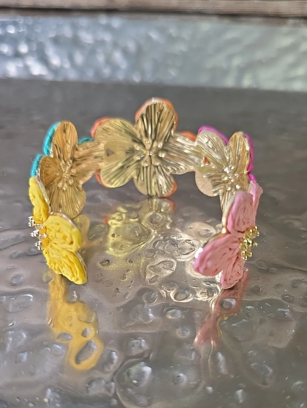 Handmade Floral Cuff Bracelet in Orange, Pink & Teal, NEW